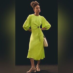 Farm Rio Lime Green Cutout Midi Dress NWT – Balloon Sleeve, Tassel Tie
